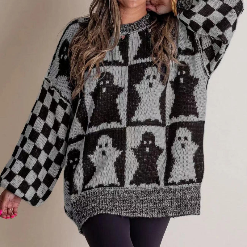 Halloween Cartoon Pumpkin Ghost Sweater Winter Loose Pullover Knitted Top Fashion Women's Clothing