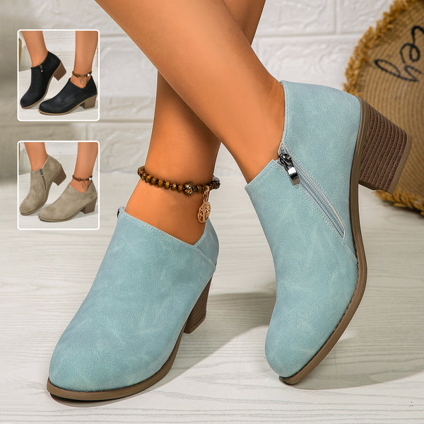 Chunky Heel Round Toe Ankle Boots With Side Zipper Design Fashion Fall Winter Short Boots For Women Shoes