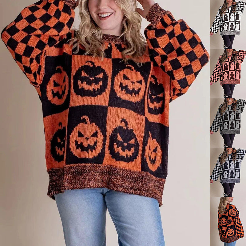 Halloween Cartoon Pumpkin Ghost Sweater Winter Loose Pullover Knitted Top Fashion Women's Clothing