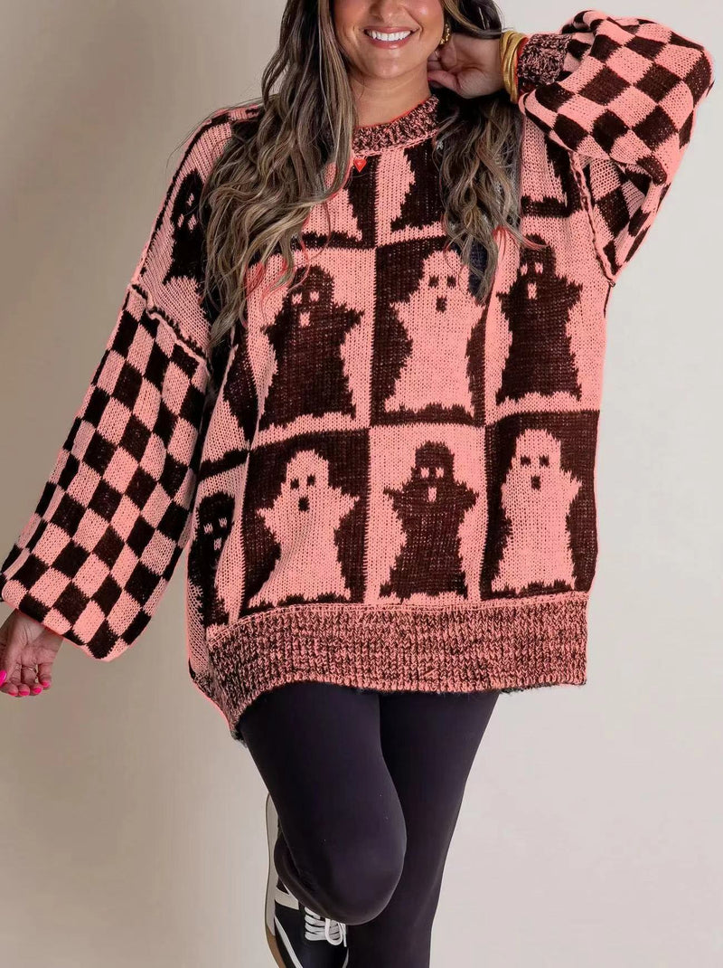 Halloween Cartoon Pumpkin Ghost Sweater Winter Loose Pullover Knitted Top Fashion Women's Clothing