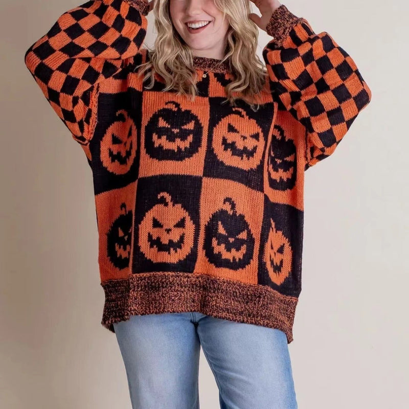 Halloween Cartoon Pumpkin Ghost Sweater Winter Loose Pullover Knitted Top Fashion Women's Clothing