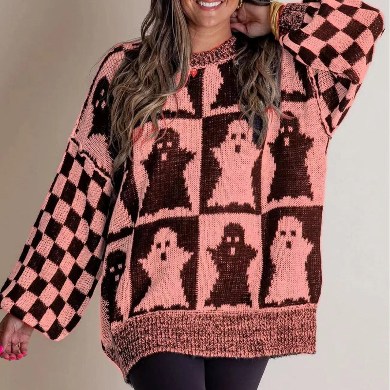 Halloween Cartoon Pumpkin Ghost Sweater Winter Loose Pullover Knitted Top Fashion Women's Clothing