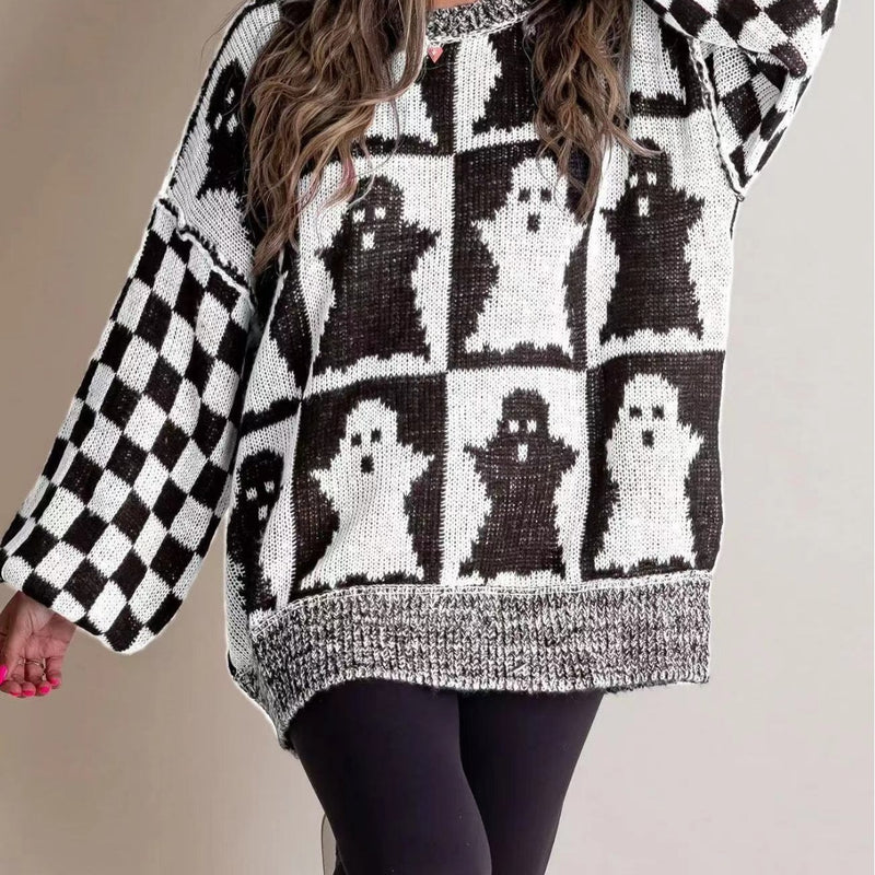 Halloween Cartoon Pumpkin Ghost Sweater Winter Loose Pullover Knitted Top Fashion Women's Clothing